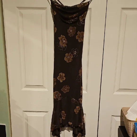 Rampage Brown Floral Midi Dress | Cowl Neck | Ruffle Hem | NWT | Size S - Picture 1 of 5